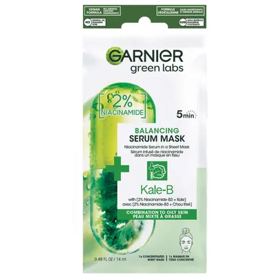 Garnier Beauty Serum Sheet Mask with Niacinamide + Kale, Balancing Skin Care for Oily skin, 1 Tissue Mask (14 mL)