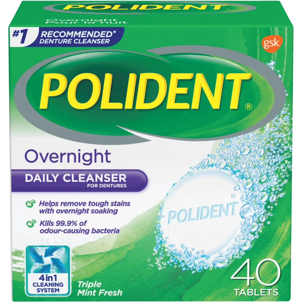 Polident Overnight Daily Denture Cleanser Triple Mint Fresh 40 tabs