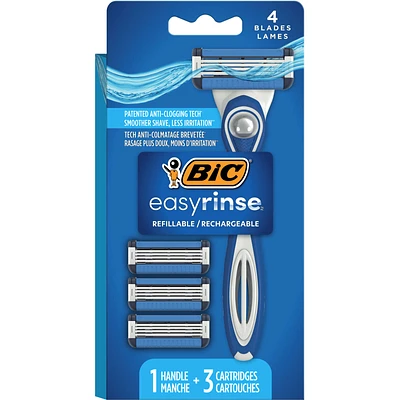 EasyRinse Anti-Clogging, Refillable Men's Razors With 4 Blades, 1 Handle and 3 Refill Razor Cartridges Razor Kit