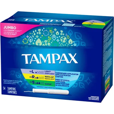 Tampax Cardboard Tampons Mixed Absorbencies, Anti-Slip Grip, LeakGuard Skirt, Unscented, 54 Count