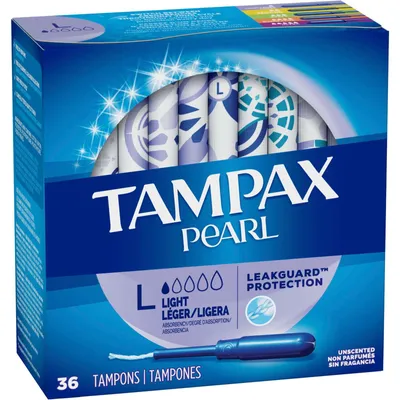 Tampax Pearl Tampons, Light Absorbency with LeakGuard Braid, Unscented, 36 Count