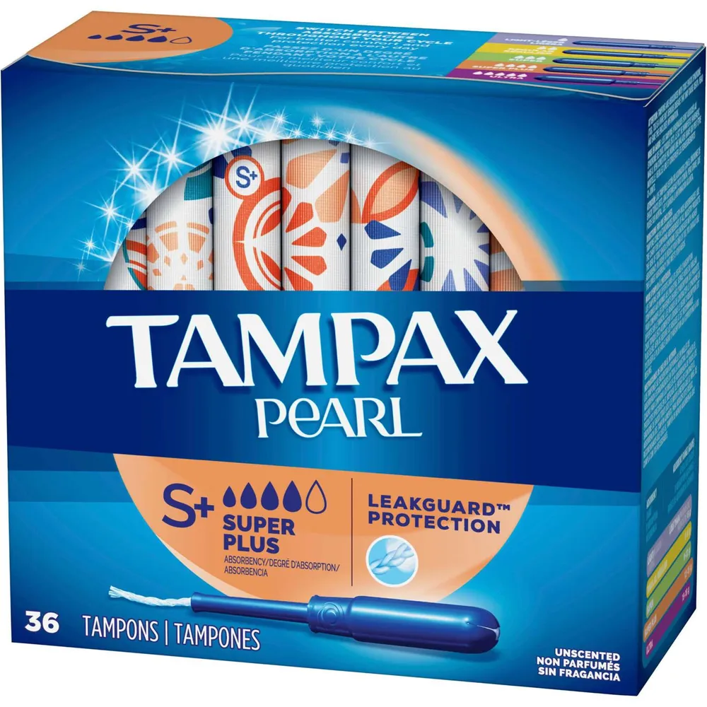 Tampax Pearl Tampons Super Plus Absorbency with LeakGuard Braid, Unscented, 36 Count