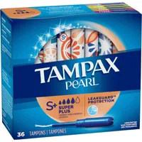 Tampax Pearl Tampons Super Plus Absorbency with LeakGuard Braid, Unscented, 36 Count