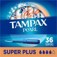 Tampax Pearl Tampons Super Plus Absorbency with LeakGuard Braid, Unscented, 36 Count