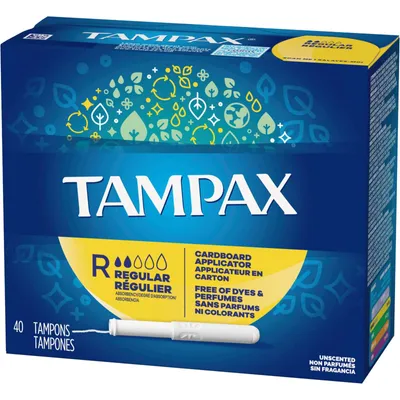 Tampax Cardboard Tampons Regular Absorbency, Anti-Slip Grip, LeakGuard Skirt, Unscented, 40 Count