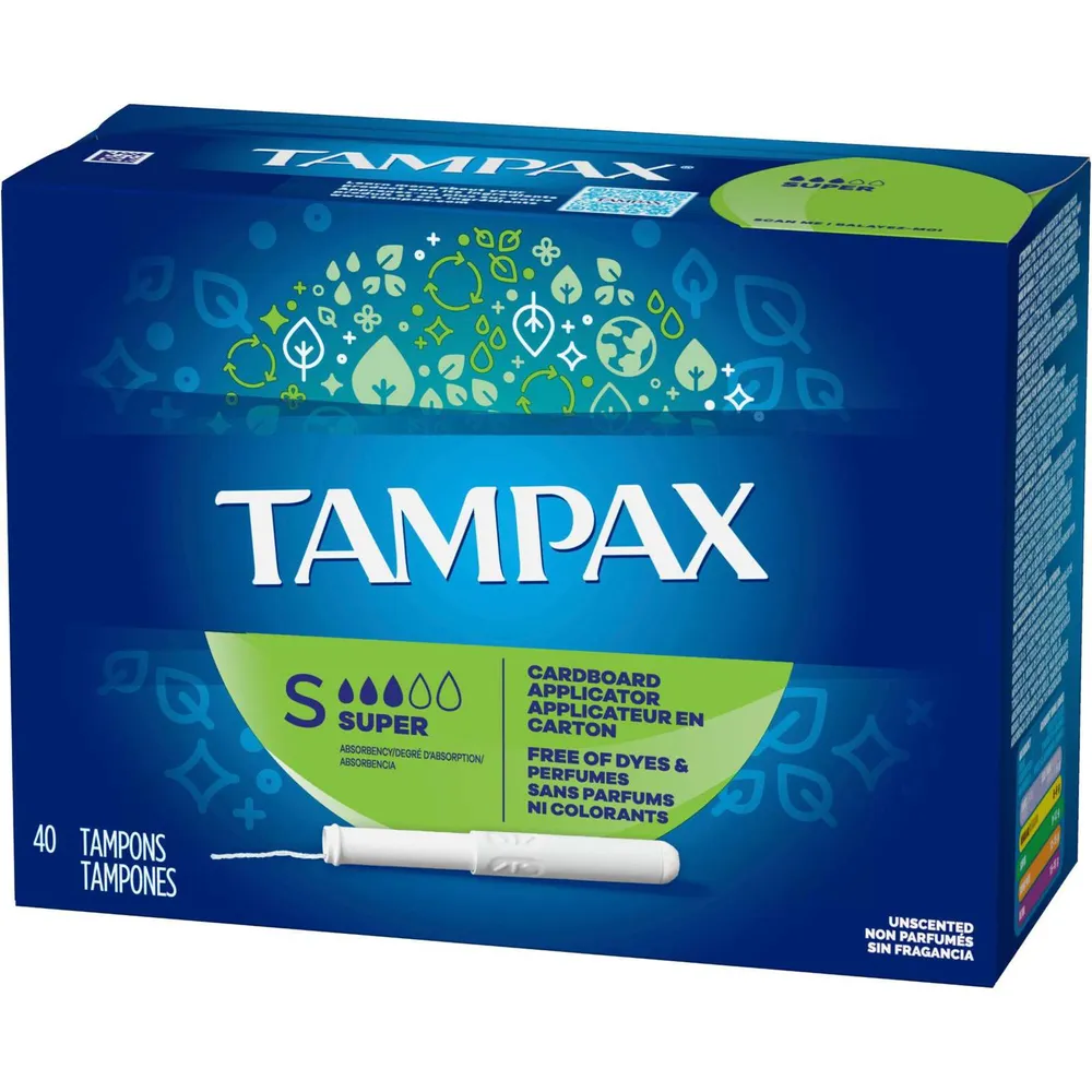 Tampax Cardboard Tampons Super Absorbency, Anti-Slip Grip, LeakGuard Skirt, Unscented, 40 Count