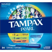 Tampax Pearl Tampons, Regular/Super/Super Plus Absorbency with LeakGuard Braid, Triple Pack, Unscented, 34 Count