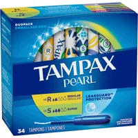 Tampax Pearl Tampons, Regular/Super Absorbency with LeakGuard Braid, Duo Pack, Unscented, 34 Count