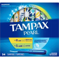 Tampax Pearl Tampons, Regular/Super Absorbency with LeakGuard Braid, Duo Pack, Unscented, 34 Count