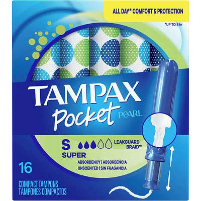 Pocket Pearl Tampons Super Absorbency with LeakGuard Braid, Unscented