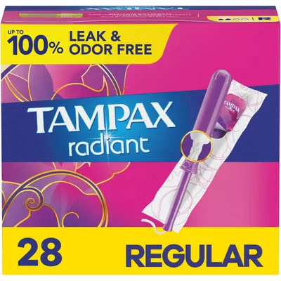 Tampax Radiant Tampons Regular Absorbency with BPA-Free Plastic Applicator and LeakGuard Braid, Unscented, 28 Count