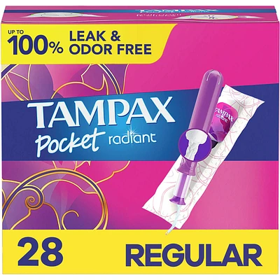 Tampax Pocket Radiant Compact Plastic Tampons, With LeakGuard Braid, Regular Absorbency, Unscented