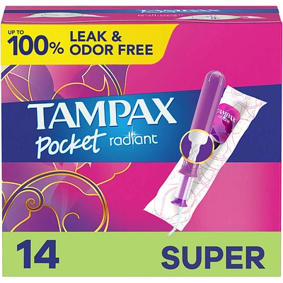 Tampax Pocket Radiant Compact Tampons Regular Absorbency with BPA-Free Plastic Applicator and LeakGuard Braid, Unscented