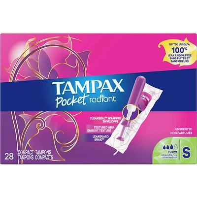 Pocket Radiant Compact Plastic Tampons, With LeakGuard Braid, Super Absorbency, Unscented