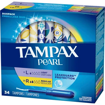 Tampax Pearl Tampons, Light/Regular Absorbency with LeakGuard Braid, Duo Pack, Unscented, 34 Count