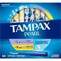 Tampax Pearl Tampons, Light/Regular Absorbency with LeakGuard Braid, Duo Pack, Unscented, 34 Count