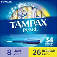 Tampax Pearl Tampons, Light/Regular Absorbency with LeakGuard Braid, Duo Pack, Unscented, 34 Count