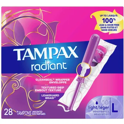 Tampax Radiant Tampons Light Absorbency with BPA-Free Plastic Applicator and LeakGuard Braid, Unscented