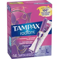 Tampax Radiant Tampons Light Absorbency with BPA-Free Plastic Applicator and LeakGuard Braid, Unscented, 14 Count