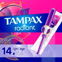 Tampax Radiant Tampons Light Absorbency with BPA-Free Plastic Applicator and LeakGuard Braid, Unscented, 14 Count