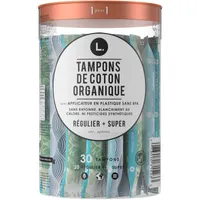 L. Organic Cotton Compact Tampons Regular/Super Absorbency Duo Pack, Free of Chlorine Bleaching, Pesticides, Fragrances, or Dyes, BPA-free Plastic Applicator, 30 Count