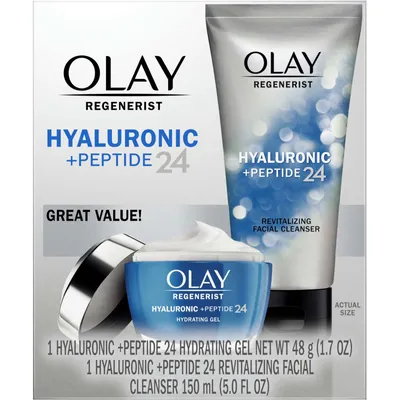 Olay Regenerist Hyaluronic + Peptide 24 Duo Pack, Face Wash 5 fl oz, Gel Face Moisturizer 1.7 oz