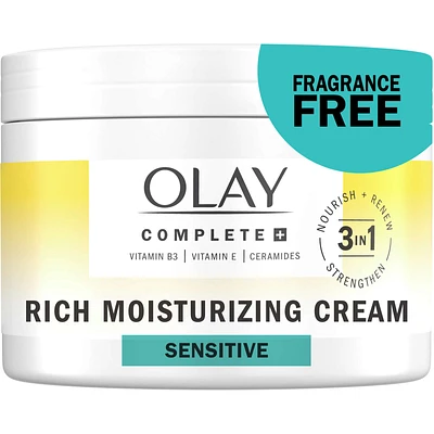 Complete+ Rich Moisturizing Cream Fragrance-Free, 3-in-1 Hydrating Face Cream for Dry Skin with Vitamin B3, Vitamin E, and Ceramides
