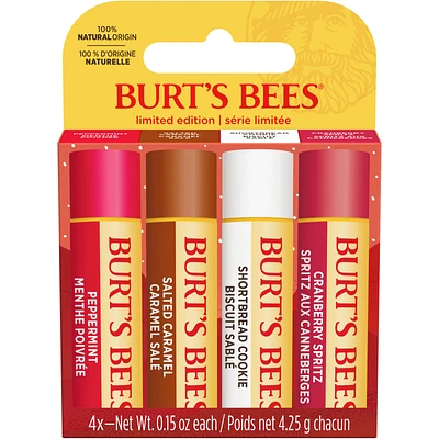 Burt’s Bees® Festive Fix Holiday Gift Set, 100% Natural Origin Moisturizing Lip Balm, Shortbread Cookie, Cranberry Spritz, Salted Caramel and Peppermint, 4 Tubes