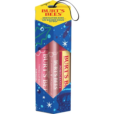 Burt's Bees® Mistletoe Kiss Holiday Gift Set, 3 Lip Products, Pomegranate Moisturizing Lip Balm, Peony Lip Shimmer and Hibiscus Tinted Lip Balm