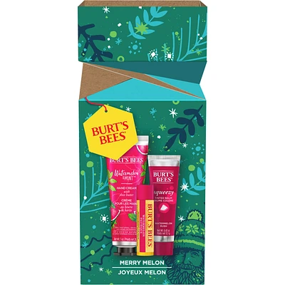 Merry Melon Holiday Gift Set with Watermelon Moisturizing Lip Balm, Watermelon Rush Squeezy Tinted Balm and Watermelon and Mint Hand Cream
