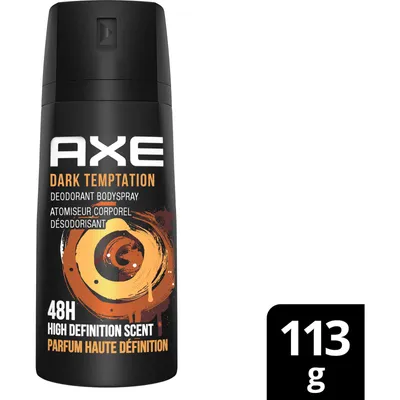 AXE  Dual Action Deodorant Body Spray for Long Lasting Odour Protection Dark Temptation Dark Chocolate Men's Deodorant 48 hours Fresh formulated without Aluminum 113 GR