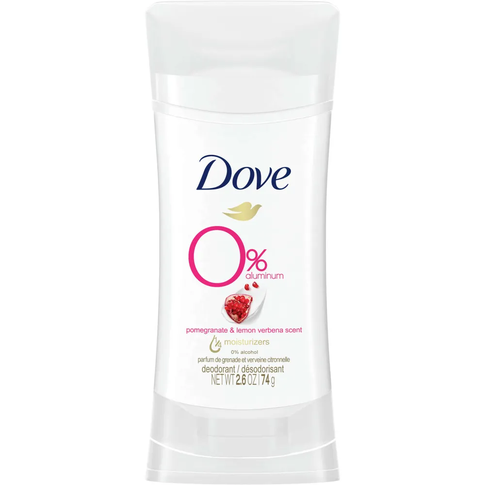 Dove 0% Aluminum Deodorant Stick aluminum free deodorant for smooth underarms Pomegranate and Lemon Verbena 48-hour odour protection 74 g