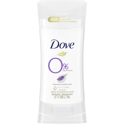 Dove 0% Aluminum Deodorant Stick for 48-hour odour protection Lavender & Vanilla Scent aluminum-free deodorant for smooth underarm