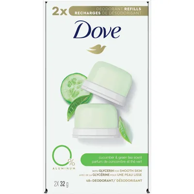 Dove 0% Aluminum Deodorant Stick Refill Kit for 48 hour odour protection Cucumber & Green Tea aluminum-free deodorant for women 32 g pack of 2