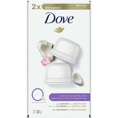 Dove 0% Aluminum Deodorant Stick Refill Kit for 48 hour odour protection Coconut & Pink Jasmine aluminum-free deodorant for women 32 g pack of 2