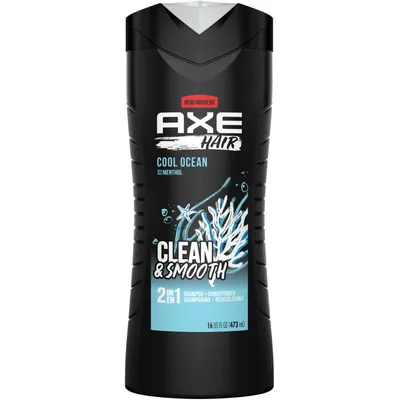 AXE 2 in 1 Shampoo & Conditioner for clean and smooth men's hair Cool Ocean made with menthol 473 ml