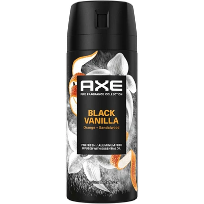 Fine Fragrance Collection Premium Body Spray for Men Black Vanilla deodorant with 72H odour protection and freshness infused with vanilla, orange and sandalwood essential oils