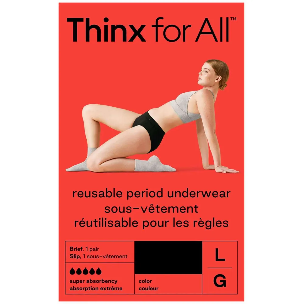 Thinx for All Women's Super Absorbency Cotton Brief Period Underwear, Size Large, Black