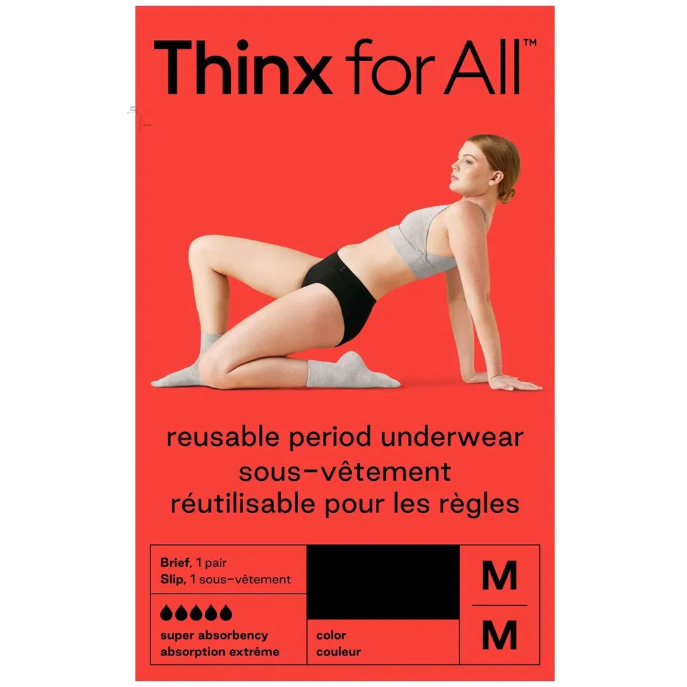 Thinx for All Women's Super Absorbency Cotton Brief Period Underwear, Size  Medium, Black