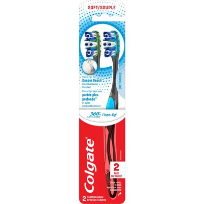 360 Advanced Floss-Tip Toothbrush, Adult Soft, 2 Pack