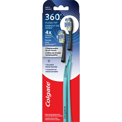 Colgate® 360® Floss Tip Replaceable Head Toothbrush Starter Kit, 2 Brush Heads and Metal Handle