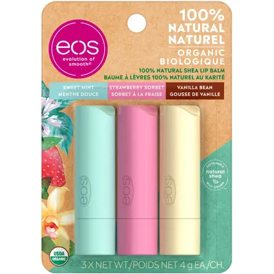 100% Natural & Organic Lip Balm 3pk Sticks -sweet mint,  strawberry sorbet and vanilla bean
