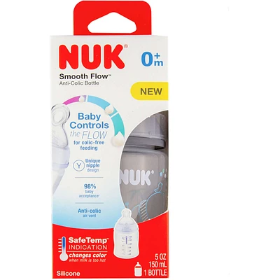 NUK Smooth Flow Anti-Colic Baby Bottle, 5 oz (150 mL), Grey Elephant, 1 Pack