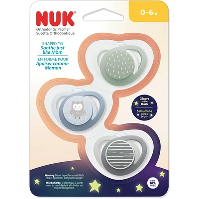 NUK Orthodontic Pacifier, 0-6 months, Blue Owl, 3 Pack
