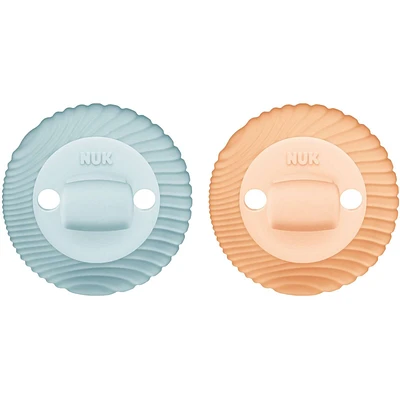 NUK Comfy Duet Soother 2-in-1 Pacifier and Teether, 0-12 months, Green & Orange, 2 Pack