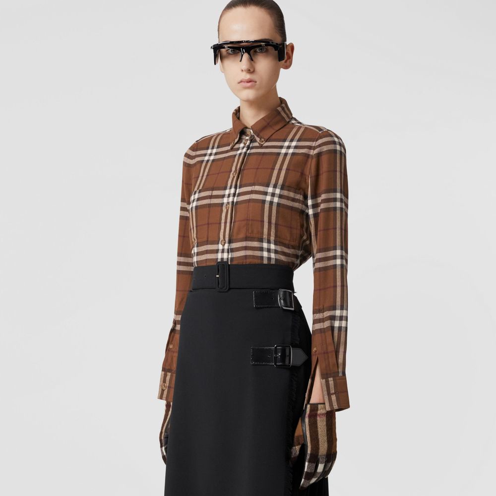 Burberry Check Cotton Flannel Shirt Dark Birch Brown - Women, Burberry®  Official