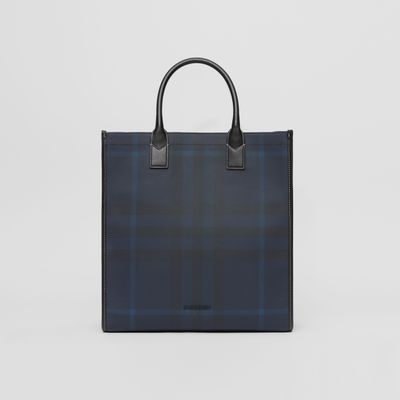 Exaggerated Check and Leather Tote in Navy Blue - Men | Burberry® Official