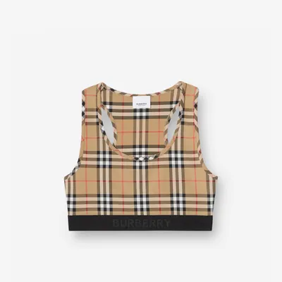 Logo Detail Vintage Check Bra Top in Archive beige - Women