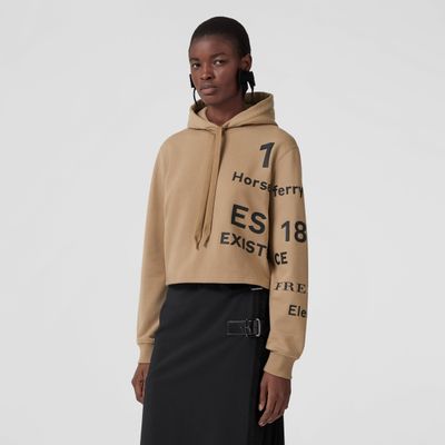 Horseferry Print Cotton Cropped Hoodie Camel - Women | Burberry® Official