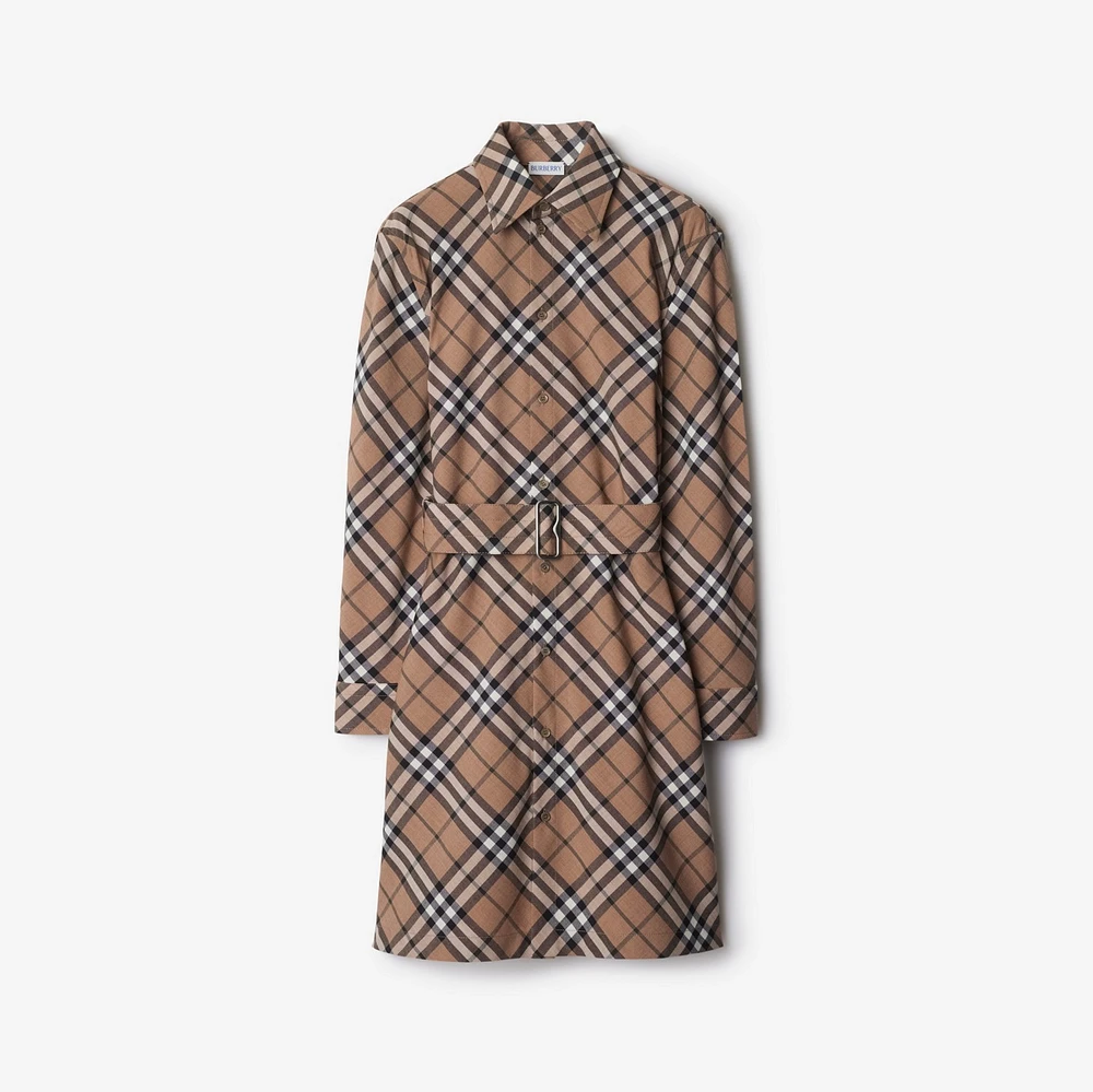 Check Wool Blend Shirt Dress in Linden - Women | Burberry® Official